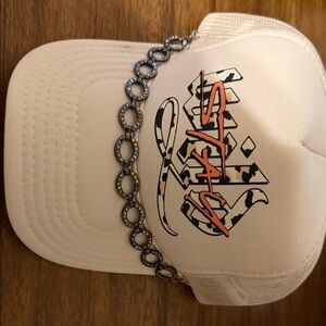 White Cap with Graphic Design and Chain Detail